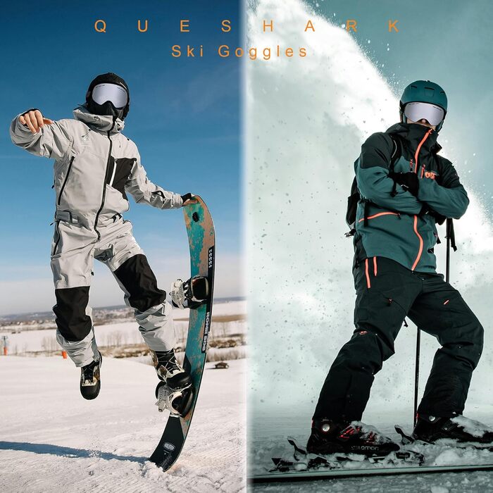 Окуляри для сноуборду Queshark: подвійна сферична лінза, UV400, анти-запітління, сумісні з шоломом, чорно-коричневі