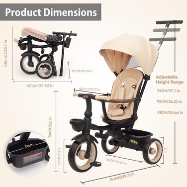 Дитяче тріцикл UBRAVOO 7-в-1: складний, з ліхтарем, гальмом, великим козирком та захисним поручнем. Для дітей від 6 місяців до 5 років (Хакі)