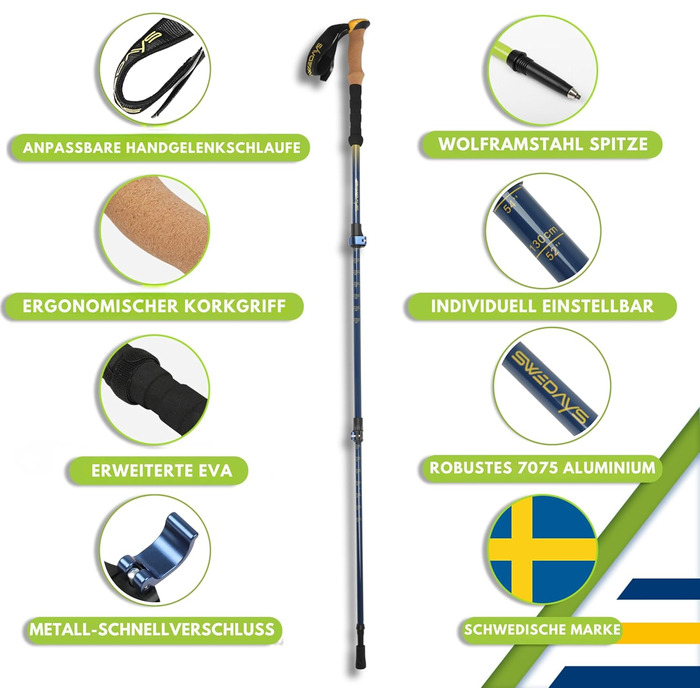 Трекінгові телескопічні палиці Nordic Walking для жінок і чоловіків, алюмінієві, 63-135 см, з корковою ручкою і гумовим наконечником