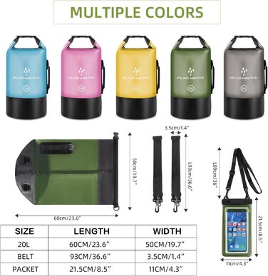 Водонепроникний мішок-сумок Dry Sack 20 л Roll-Top від GES, з кишенею для телефону, для каякінгу, човнів, походів, каное, рафтингу, плавання, кемпінгу та риболовлі (армійний зелений)