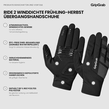 Велосипедні рукавички GripGrab Ride Winddichte: тонкі, непромокаючі, з антиковзаючою поверхнею, для перехідного сезону, чорні (XS)