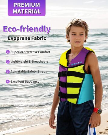 Owntop Жилет рятувальний дитячий та підлітковий, фіолетовий, M. Регульований, з триразовою системою безпеки. Підходить для каякінгу, плавання, риболовлі та снорклінгу.