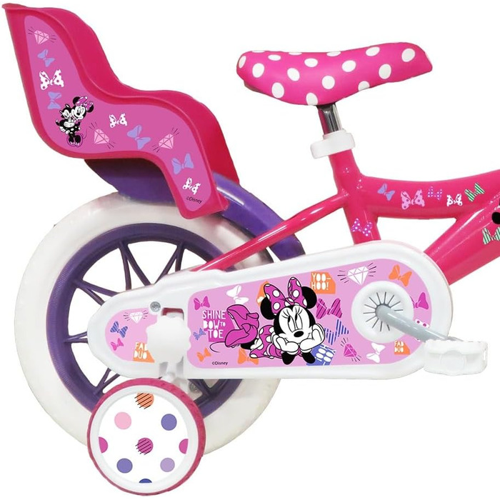 Дитячий велосипед 12 дюймів Disney Minnie Mouse з кошиком, тримачем для ляльки, гальмом, захисним щитком і шоломом, рожевий, для дівчаток