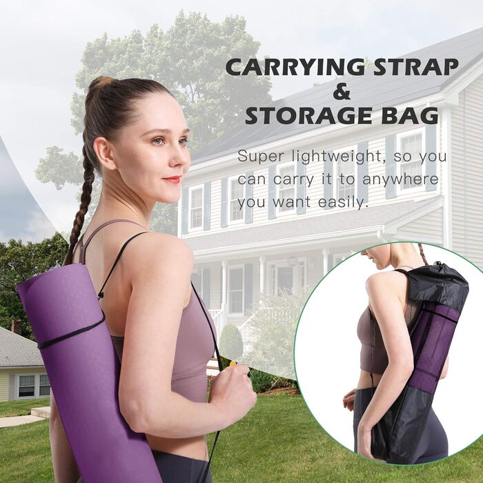 Килимок для йоги Marjar з неслизьким покриттям, фітнес-килимок для занять гімнастикою та йогою, TPE, з ручкою для перенесення, 183x61x0.6/0.8/1 см, фіолетовий & рожевий