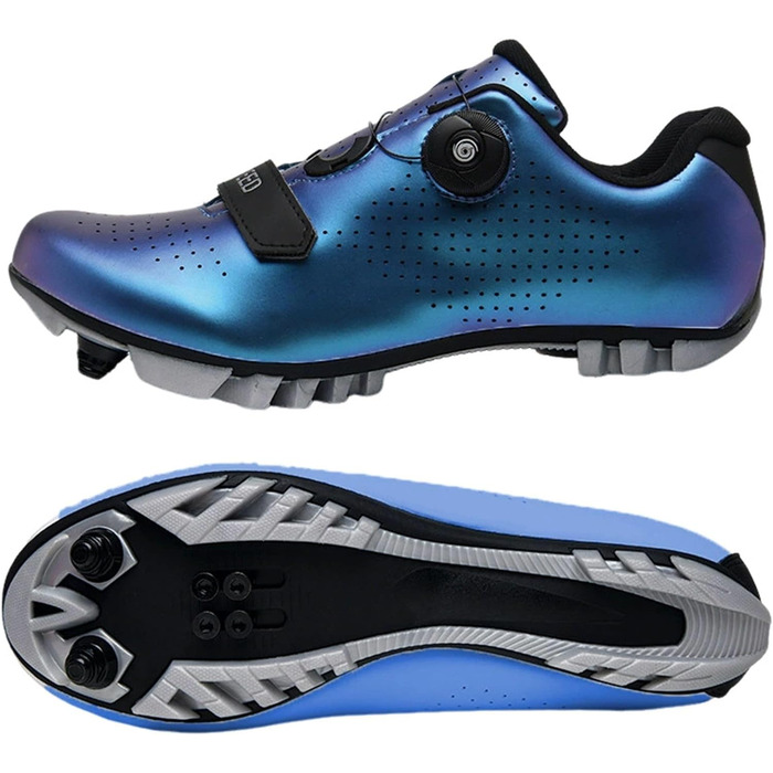 Велосипедні черевики для чоловіків та жінок, унісекс, MTB, Mountainbike, Radsportschuhe з 2 болтами та шипами, практична поворотна застібка, черевики для їзди на велосипеді, Bikeschuhe (Блакитний, 44 EU)