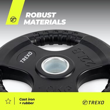 Диск для штанги з ручками TREXO 10 кг, чавунний, покритий, для фітнесу, кросфіту та силових тренувань