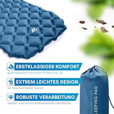 Каремат надувний NORDMUT® Ultraleicht з ремкомплектом - легкий, компактний, водонепроникний для кемпінгу, фестивалів та відпочинку на природі (синій)