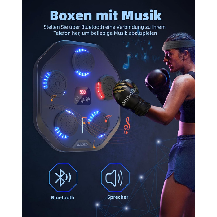 Музична боксмашина Zacro з LED-підсвіткою, розумна боксмашина, настінна, 9 режимів/швидкостей, з рукавичками та повязкою, чорна