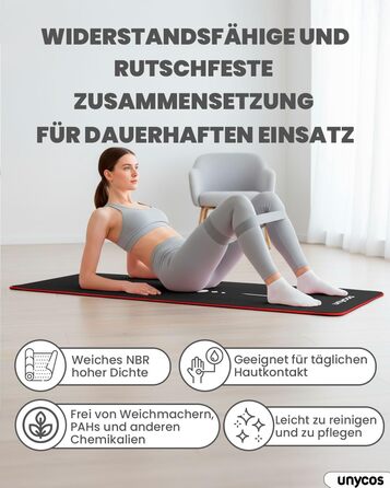 Килимок для йоги Unycos з неслизькою поверхнею | Висока щільність 6/10/15 мм, фітнес-килимок для гімнастики з ременем для перенесення【включено E-Book】Шкірно-дружній килимок для пілатесу, тренувань, спортзалу (#17 Чорний + Червоний, 183*66*1 см)