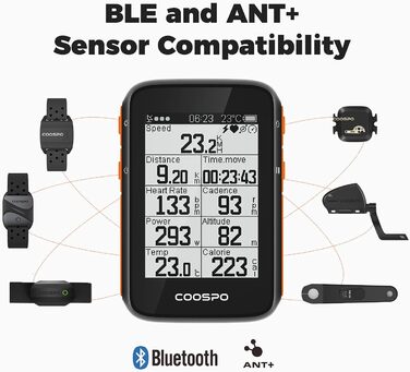 COOSPO велосипедний комп'ютер GPS, бездротовий, Bluetooth 5.0 та ANT+, водонепроникний IP67, велоспідометр з автоматичним підсвічуванням, 2,6'' LCD-дисплей