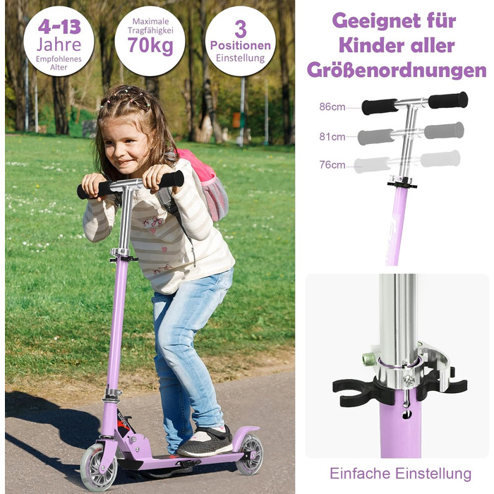 Дитячий ролер GOPLUS Roller Kinder 4 роки з LED-колесами, гальмом та підніжкою, регульований, алюмінієвий, до 70 кг