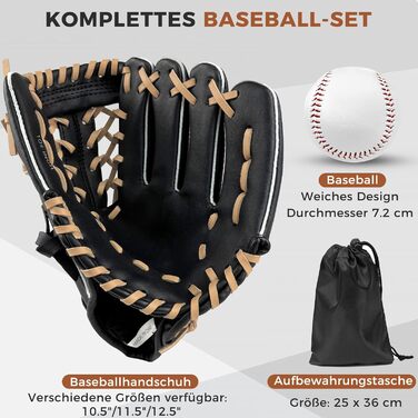 Рукавиця для бейсболу та софтболу з м'ячем, дитяча та доросла, з потовщеним матеріалом, для тренувань та змагань (Чорно-коричнева, 11.5 дюймів)