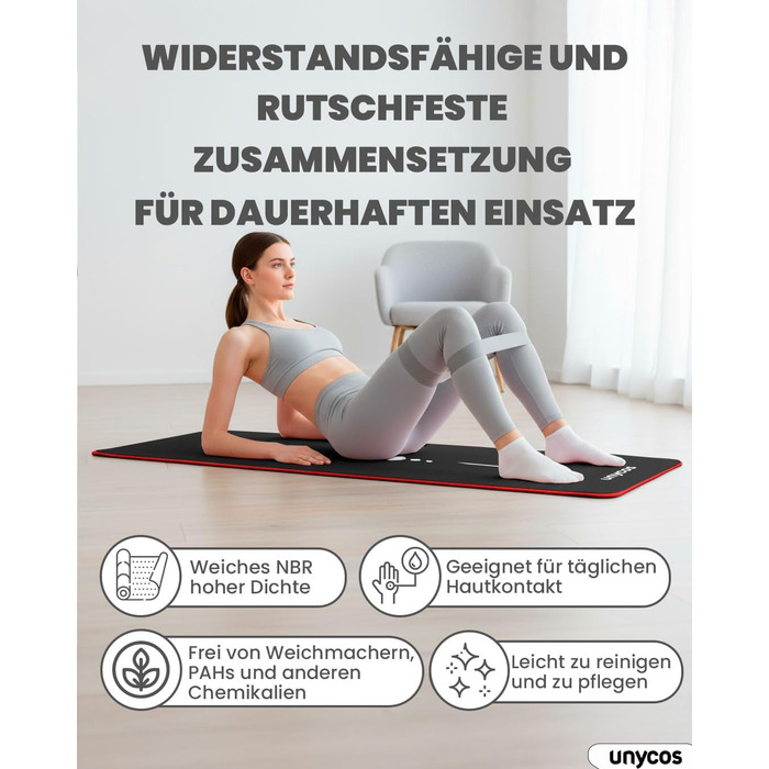 Килимок для йоги Unycos з неслизькою поверхнею | Висока щільність 6/10/15 мм, фітнес-килимок для гімнастики з ременем для перенесення【включено E-Book】Шкірно-дружній килимок для пілатесу, тренувань, спортзалу (#17 Чорний + Червоний, 183*66*1 см)