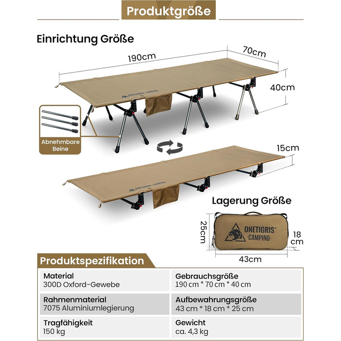 OneTigris SUPRANUBIS розкладне ліжко для кемпінгу 190x70 см, легке, портативне, до 150 кг, для намету, відпочинку на природі, подорожей, саду, офісу, колір Койот