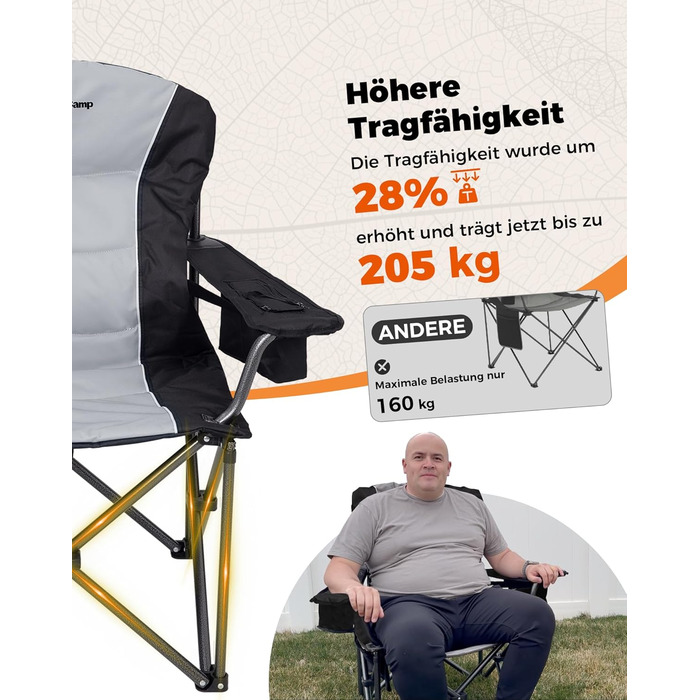 Крісло для кемпінгу KingCamp XXL, 205 кг, чорне, з регульованою спинкою, підсклянник та кишеня для напоїв