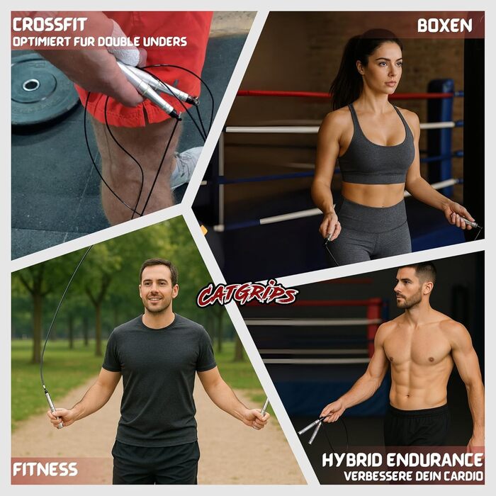 Стрибкове канат Crossfit CATGRIPS Springseil: алюмінієва ручка, сталеве ядро з підшипниками, легке та професійне для занять у спортзалі та боксі, з сумкою та запасними частинами, срібний