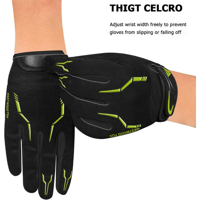 Велосипедні рукавички WestWood Fox WFX з повним пальцем для MTB, шосе та трейлу, сенсорний екран, посилені, антиковзаючі, чорно-неонові, XL для жінок та чоловіків