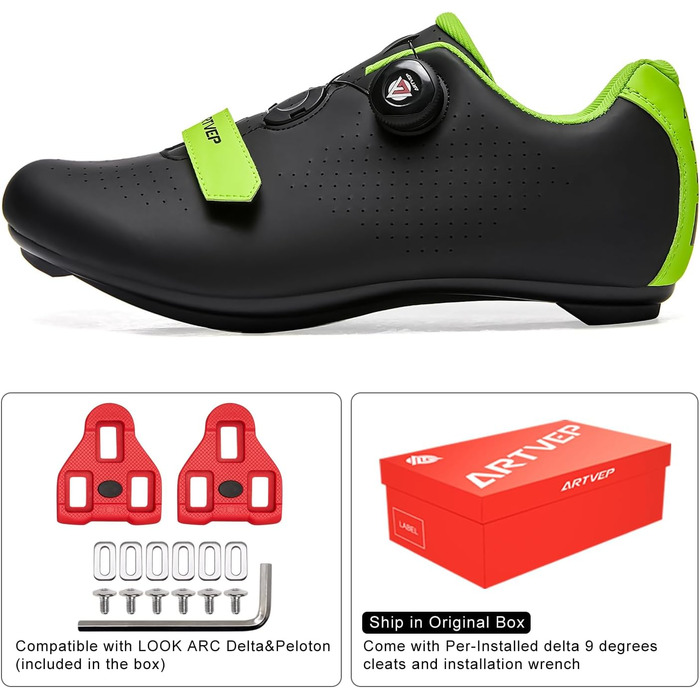 Велотуфлі для чоловіків та жінок: шосейні та MTB, сумісні з педалями Look SPD, SPD-SL, Delta Lock, Peloton. Розмір 41 EU, чорний/зелений