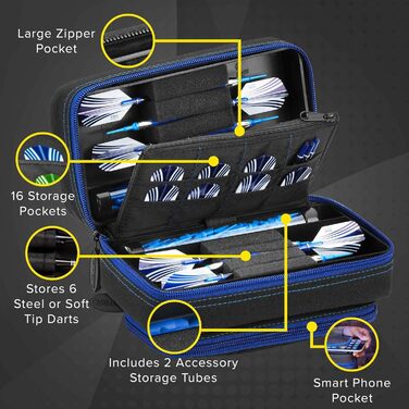 Чохол для дартс Casemaster Plazma Pro на 6 дротиків (м'які та сталеві), з великою фронтальною кишенею для мобільного, вбудованими тубусами для зберігання, кишенями для оперень та наконечників, з сапфіровим оздобленням