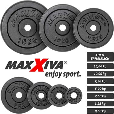 MAXXIVA Комплект гантельних дисків 4 шт по 7,5 кг, чавун, чорний, 30 кг, для фітнесу, силових тренувань, бодібілдингу, реабілітації