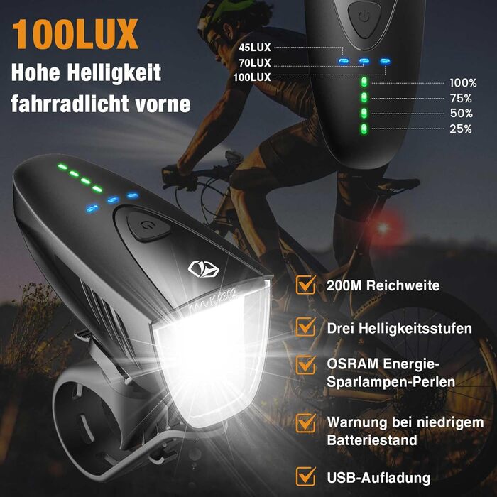 Велофара Toptrek 100LUX: комплект передньої та задньої велофари USB, водонепроникний IPX5, схвалено StVZO