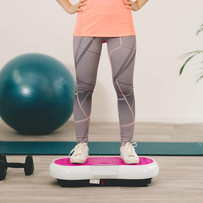 Віброплатформа для фітнесу з еластичними стрічками та Bluetooth, для дому, рожево-біла