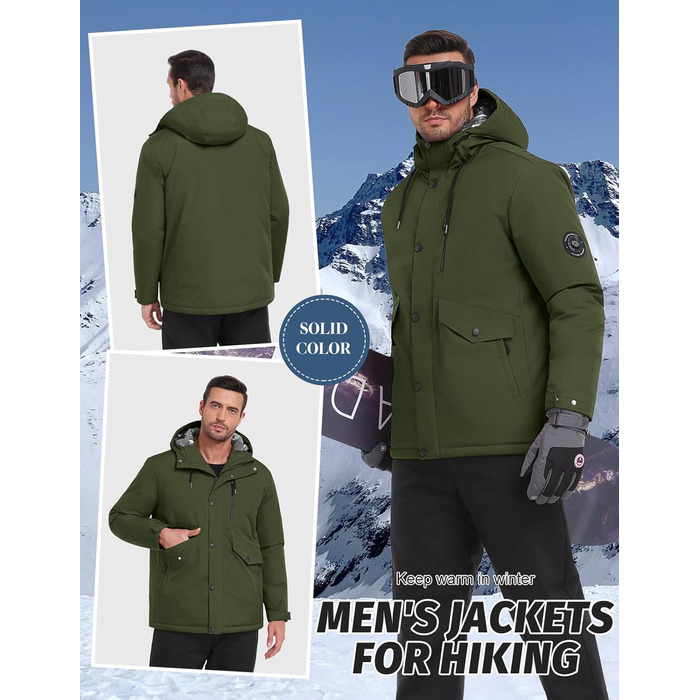Зимова куртка для чоловіків, водонепроникна, тепла, з капюшоном та компасом (M) - Military Green