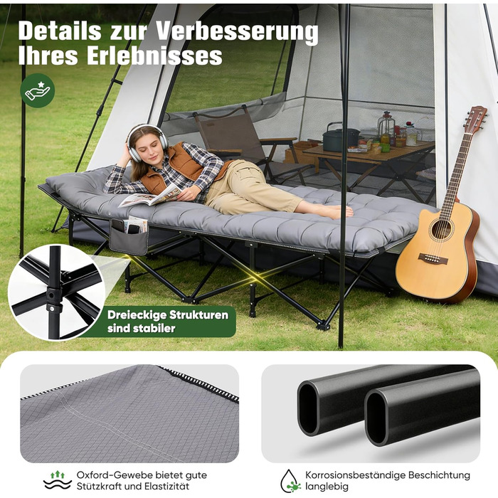 Розкладне ліжко Sekey для кемпінгу XXL, 190 x 71 x 35 см: міцний каркас зі сталі, якісна тканина Oxford, з матрацом, ідеально для гостей, кемпінгу та саду