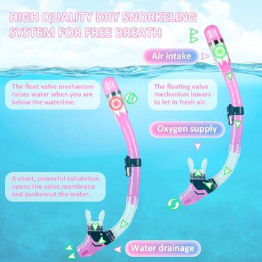 Дитяча маска для снорклінгу та плавання, 4-16 років, комплект, панорама 180°, сухий сноркель, рожева