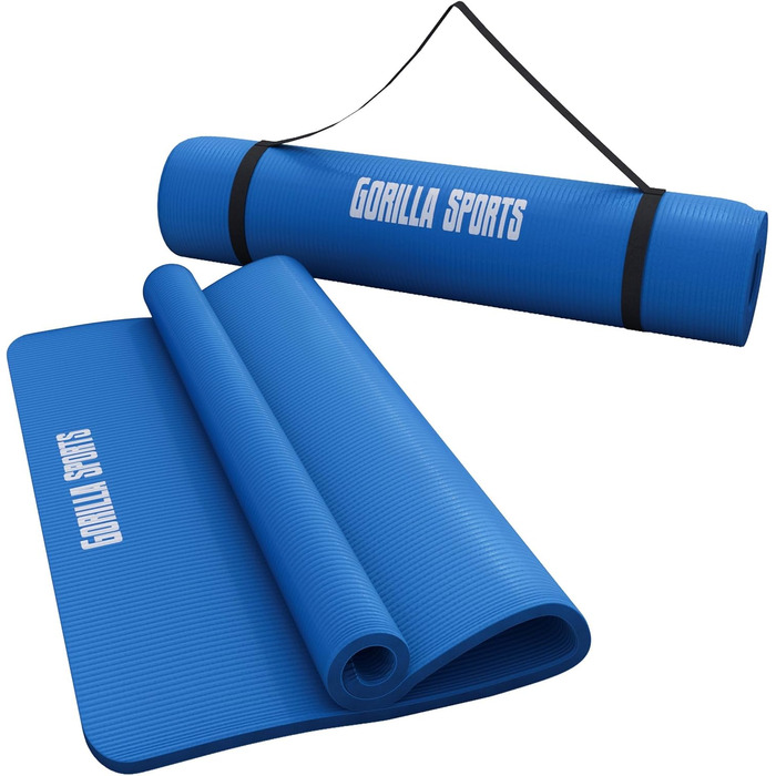 Килимок для йоги GORILLA SPORTS 190x60x1,5 см, антиковзкий, без фталатів, з ременем, синій, фітнес-мат для тренувань