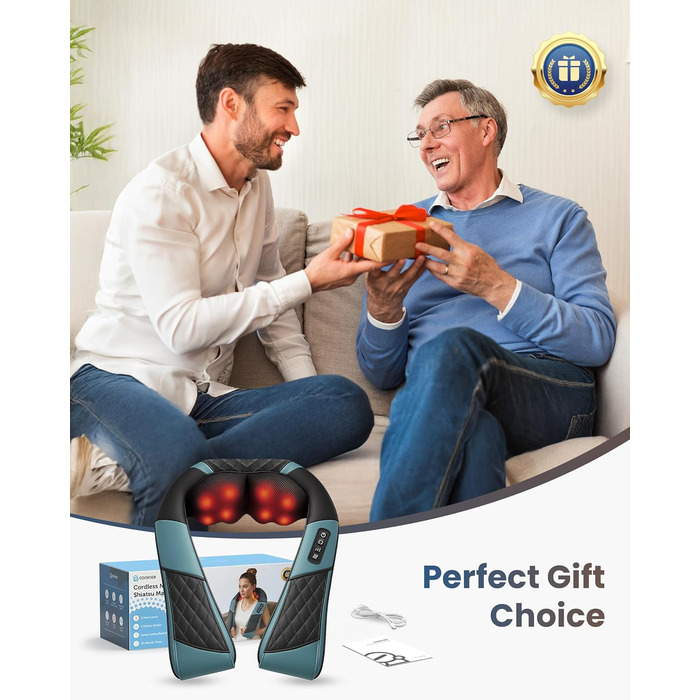 Масажер для шиї COMFIER бездротовий Shiatsu з підігрівом, 3D глибокий масаж, для шиї, спини, попереку, подарунок для жінок та чоловіків, блакитно-чорний
