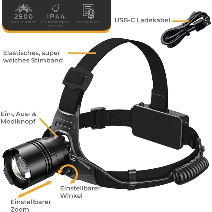 Лампа-налобник LED LICHTMEISTER® - 2000 Люмен, акумулятор 5000 mAh, надзвичайно яскрава