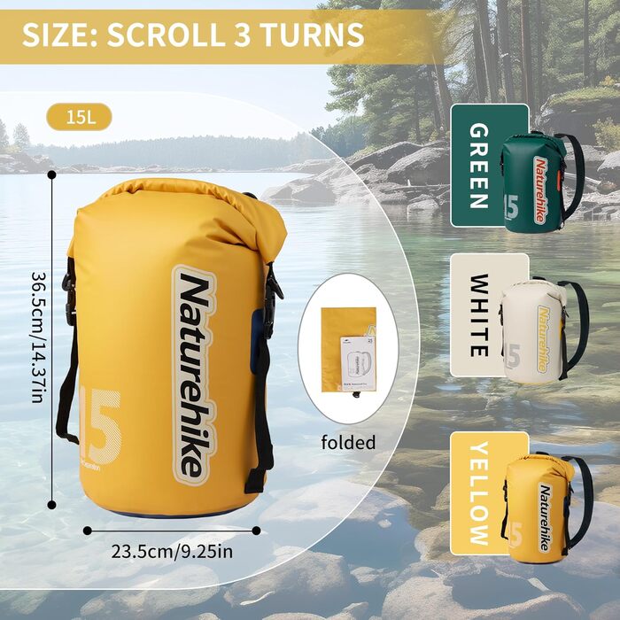 Водонепроникний рюкзак Naturehike Dry Bag – 15L/10L, для каякінгу, риболовлі, рафтингу та інших водних видів спорту (Жовтий, 15L)