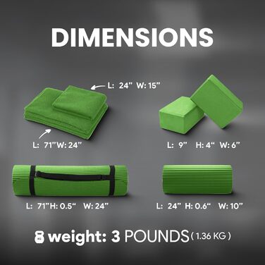 Набір для йоги BalanceFrom GoYoga 7 в 1: килимок 1/2'' з ременем, 2 блоки, рушник для килимка, рушник для рук, ремінь, наколінник, зелений