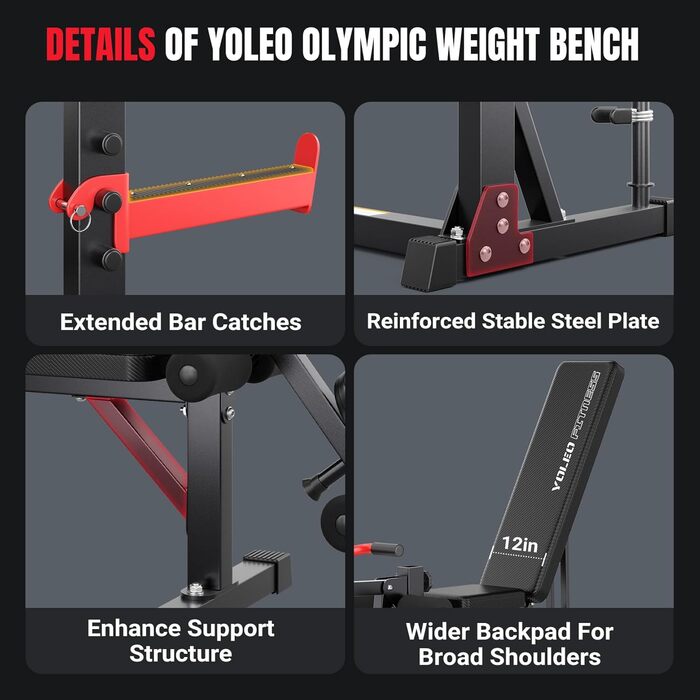 Складана тренажерна лава YOLEO 10 в 1 для дому: регульована, з полицями для дисків, для пресу та згинання ніг