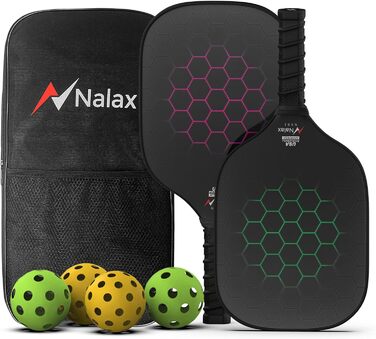 Рікетки для піклболу Nalax з скловолокна, сертифіковані USAPA, з графітовим покриттям, полімерним ядром, 4 м'ячами та сумкою (2 шт.)