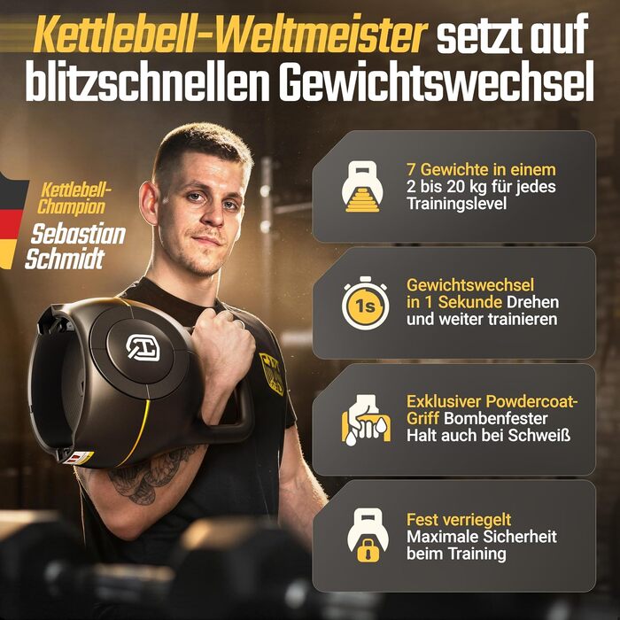 Регульована гиря HQ Germany від 2 до 20 кг з антиковзаючим Powdercoat покриттям, набір ваг для домашнього тренування