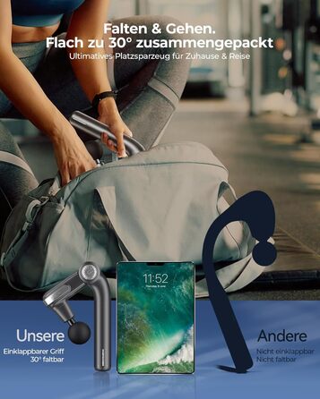 Масажер для тіла KingPavonini з висувним руків'ям та відкидним голівкою: масажна пістолета для спини з 3 кутами налаштування та 4 насадками, подарунок для чоловіків та жінок (сірий)