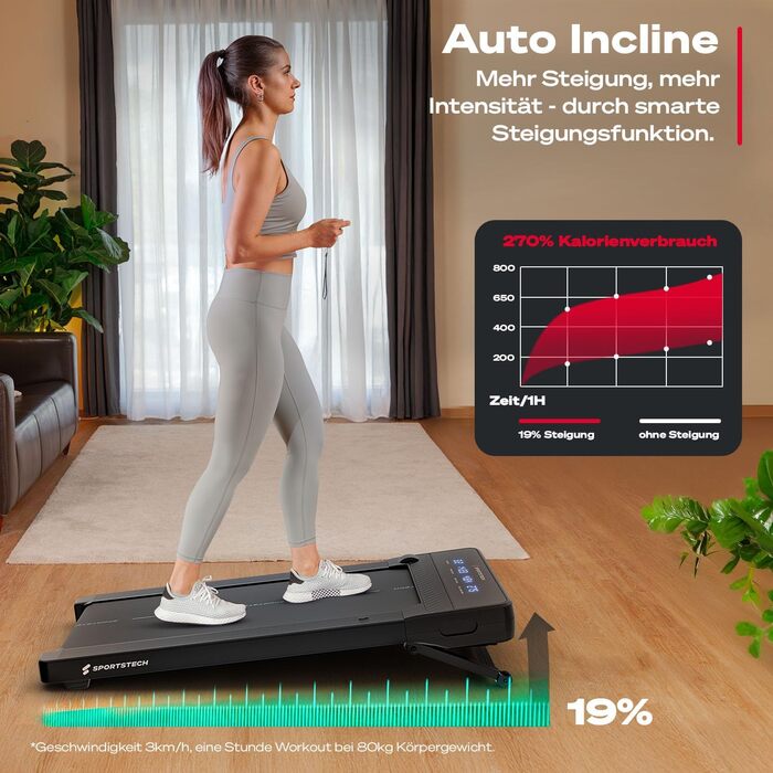 Sportstech Walking Pad: біговий килимок для дому та офісу, регулювання нахилу до 19%, LED-дисплей, компактний, тихий, з App, sPad500/1000