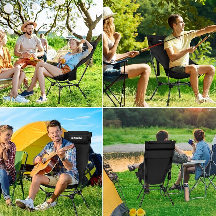 Складний туристичний стілець IEEILULU з високою спинкою, чорний. Макс. навантаження 130 кг, 2 кишені. Підходить для кемпінгу, риболовлі, пікніків та відпочинку на природі.