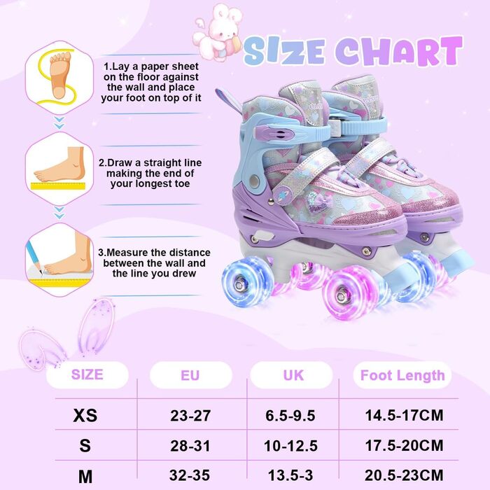 Дитячі ролики для дівчаток з блискучими сердечками та світлодіодними колесами, 4-разове регулювання, ролики для дітей-початківців, ідеальний подарунок на день народження або Різдво, фіолетовий колір