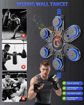 Музична боксерська машина з LED-підсвіткою та Bluetooth, 3 рівня регулювання розміру, 9 режимів швидкості та тренувань, лічильник ударів, для дорослих та дітей