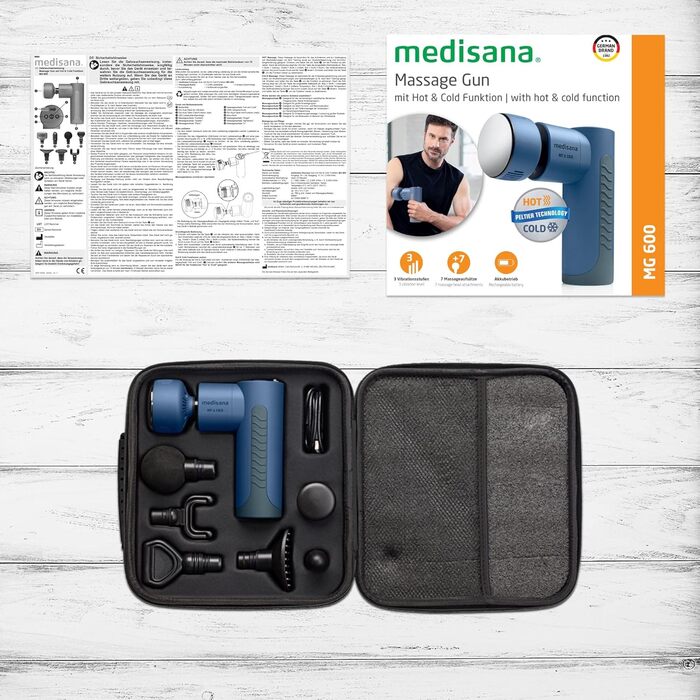 Масажний пістолет Medisana MG 600 з електричним підігрівом та охолодженням, для розслаблення м'язів, 7 насадок, 3 режими вібрації