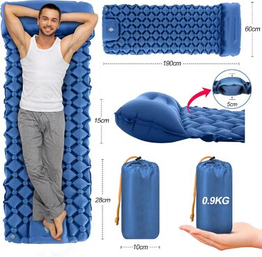 Isomatte HVIERO Саморозкладається, надувна, для кемпінгу, рюкзак, подорожі, туризм. Легка, компактна, блакитна.