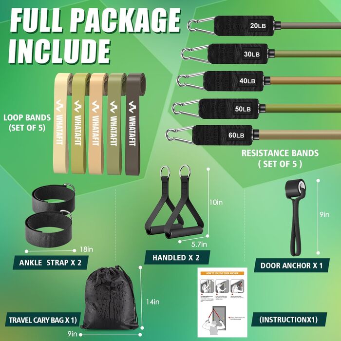 Набір еластичних стрічок WHATAFIT для фітнесу, силових тренувань та реабілітації. 16 рівнів опору, з дверним кріпленням, ручками та сумкою. Для чоловіків та жінок.