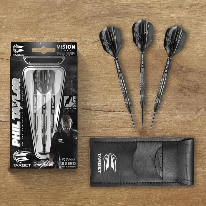 Професійні дартси Target Phil Taylor Power 8-Zero 1, 80% вольфрам, 21/23/25 г, зі сталевими наконечниками, чорний, з кейсом