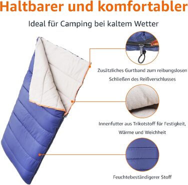 Спальний мішок Amazon Basics 4 сезони, для холодної та теплої погоди, для кемпінгу та піших прогулянок, прямокутний, блакитний