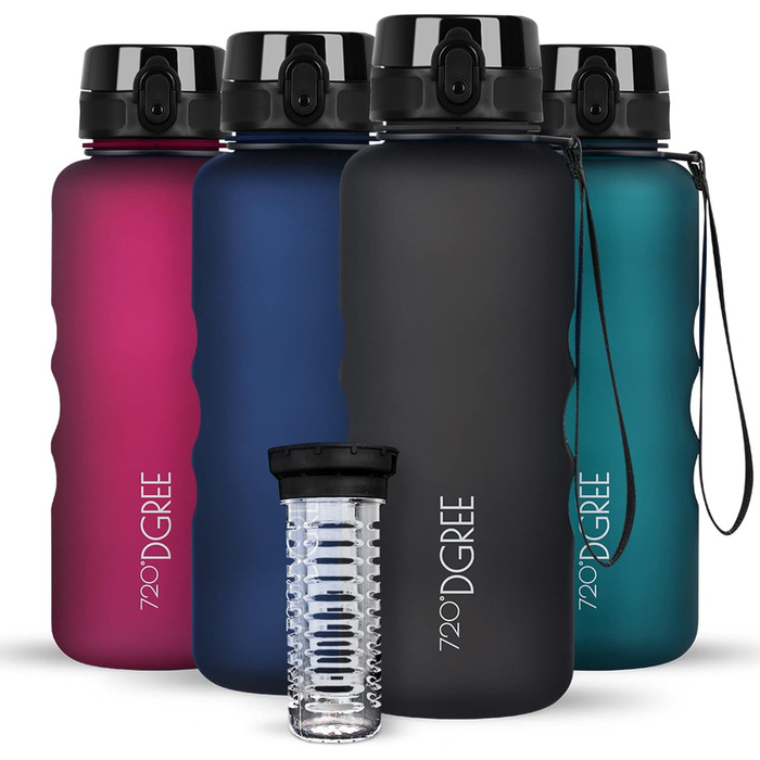 Спортивна пляшка 720°DGREE 'uberBottle' 1.5л з контейнером для фруктів - Tritan, BPA-Free, чорний Softtouch | Для фітнесу, занять спортом, подорожей