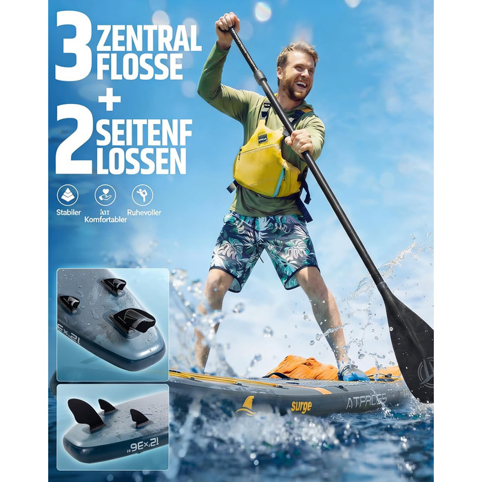 SUP дошка для плавання 366x92 см, сіро-помаранчева, до 240 кг - набір з сидінням та аксесуарами для йоги, риболовлі та серфінгу