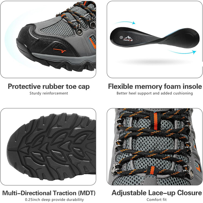 Чоловічі водонепроникні трекінгові черевики NORTIV - низькі, легкі, для хайкінгу, кемпінгу та трекінгу (41.5 EU, широкі, чорний, темно-сірий, помаранчевий матовий)